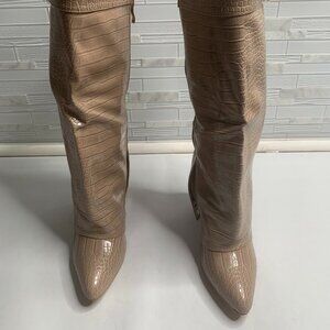Women Faux Leather Knee High Boots Fold Over Pointed Toe Gold Hardware
